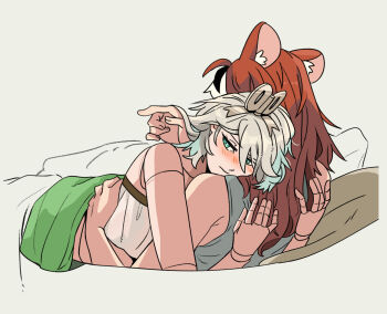2girls animal_ear_fluff animal_ears black_streaks blue_streaks blush cecilia_immergreen closed_mouth commentary cuddling doll_joints fongban_illust green_eyes grey_tank_top hakos_baelz hand_in_another&#039;s_hair head_on_another&#039;s_shoulder highres hololive hololive_english hug joints long_hair mouse_ears multiple_girls red_hair symbol-only_commentary tank_top under_covers virtual_youtuber white_hair white_streaks yuri