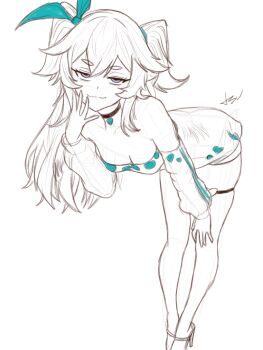 1girl ass bent_over black_shorts blue_ribbon breasts collar grin high_heels highres huge_ass large_breasts legs long_hair non-web_source original panties ribbon shirt shorts sitting smile solo thick_thighs thighs tsuicaa underwear wide_hips