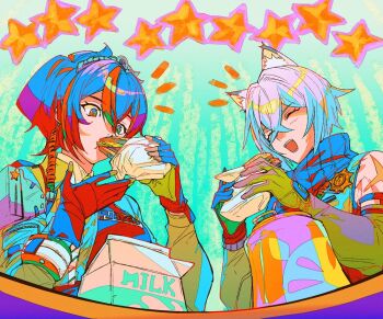 1boy 1girl animal_ear_fluff animal_ears cat_boy cat_ears closed_mouth drink_carton earpiece eating food gloves grey_hair hairband holding holding_food metal_hairband milk_carton mizu_cx open_mouth police police_badge police_uniform policeman policewoman ponytail sandwich scar scar_on_arm seth_lowell star_(symbol) upper_body zenless_zone_zero zhu_yuan