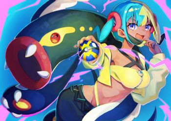 1girl 3miril :d bandeau belt black_belt black_pants blue_eyes breasts canari_(pokemon) cleavage commentary_request cropped_jacket eelektross eyelashes gen_5_pokemon happy holding holding_poke_ball jacket long_sleeves mask mask_pull mouth_mask multicolored_hair nail_polish navel nintendo open_clothes open_jacket open_mouth pants poke_ball pokemon pokemon_(creature) pokemon_legends:_z-a quick_ball short_twintails smile twintails yellow_bandeau yellow_jacket zipper zipper_pull_tab