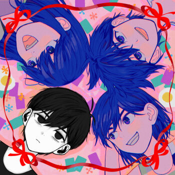 1girl 3boys antenna_hair aubrey_(headspace)_(omori) aubrey_(omori) black_eyes black_hair black_tank_top blush bow brothers closed_mouth colored_skin commentary_request expressionless grin hair_behind_ear hair_bow hero_(headspace)_(omori) hero_(omori) highres kel_(headspace)_(omori) kel_(omori) long_hair looking_at_another looking_at_viewer msdnno_kabe multiple_boys omori omori_(omori) open_mouth pink_bow purple_eyes purple_hair red_ribbon ribbon short_hair siblings smile tank_top teeth tongue upper_teeth_only white_skin