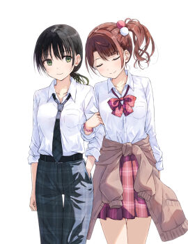 2girls belt black_belt black_hair blunt_bangs bow bowtie breast_pocket breasts brown_cardigan cardigan cardigan_around_waist closed_eyes closed_mouth clothes_around_waist collarbone collared_shirt commentary cowboy_shot dress_shirt green_eyes grey_pants gyaru hand_in_pocket highres kogal locked_arms looking_at_another loose_bowtie love_live! love_live!_nijigasaki_high_school_idol_club low_ponytail medium_breasts miniskirt multiple_girls official_alternate_costume official_alternate_hairstyle orange_hair pants pink_skirt plaid_clothes plaid_pants plaid_skirt pleated_skirt pocket ponytail shirt side_ponytail skirt sleeves_rolled_up smile split_mouth standing takasaki_yu three-quarter_sleeves u_u uehara_ayumu white_shirt yakka
