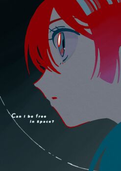 1girl amate_yuzuriha aqua_eyes english_text expressionless from_side gundam gundam_gquuuuuux highres outline parted_lips portrait profile red_hair red_outline short_hair solo source_quote yamaguchi_haruka_(tenpiboshi)