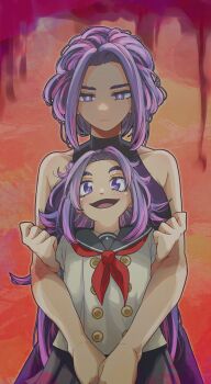 2girls absurdres age_comparison aged_down bare_shoulders boku_no_hero_academia closed_mouth commentary dress dual_persona english_commentary expressionless highres kyochakocchis lady_nagant light_blush long_hair looking_at_viewer multicolored_hair multiple_girls neckerchief open_mouth painterly pink_hair purple_dress purple_eyes purple_hair red_neckerchief school_uniform serafuku short_hair sleeveless sleeveless_dress smile two-tone_hair
