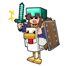 &gt;_&lt; +++ 1girl :d a_hat_in_time animal ankle_boots arm_shield bird blue_helmet blue_sword boots brown_boots brown_hair cape chicken chicken_(minecraft) chicken_jockey_(meme) child clenched_hand closed_eyes commentary crossover full_body grin hannesfkr hat_kid helmet holding holding_sword holding_weapon meme minecraft minecraft_armor minecraft_shield minecraft_sword open_mouth pants ponytail purple_sweater riding riding_animal shield sidelocks simple_background smile sweater sword symbol-only_commentary weapon white_background white_pants wooden_shield xd yellow_cape yellow_eyes