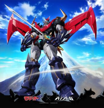 glowing glowing_eyes great_mazinger_(robot) highres holding holding_sword holding_weapon iron_saga logo looking_to_the_side mazinger_(series) mazinger_z mecha mechanical_wings mount_fuji mountain no_humans official_art oobari_masami promotional_art robot second-party_source solo sword weapon wings yellow_eyes