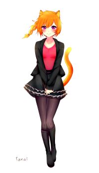 1girl absurdres alternate_costume animal_ears artist_name black_boots black_jacket black_pantyhose black_skirt boots braid braided_ponytail breasts cat_ears cat_girl cat_tail closed_mouth collarbone commentary commission commissioner_upload dated_commentary facial_mark fire_emblem fire_emblem:_radiant_dawn floating_hair frilled_skirt frills full_body highres jacket laguz_(fire_emblem) long_sleeves looking_at_viewer lyre_(fire_emblem) medium_hair miniskirt nintendo non-web_source open_clothes open_jacket orange_hair orange_tail pantyhose pink_shirt purple_eyes shirt signature simple_background skirt small_breasts smile solo standing tail tail_raised takai_seika v_arms whisker_markings white_background