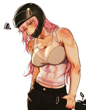 Rule 34 | 1girl, abs, absurdres, amlichan, black pants, bra, helmet, highres, holding, hololive, hololive english, leaning against motorcycle, mori calliope, motor vehicle, motorcycle, motorcycle helmet, muscular, muscular female, pants, pink hair, red eyes, see-through tank top, solo, strapless, strapless bra, tank top, underwear, virtual youtuber, white background, white tank top
