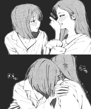 2girls 9vxgcpjdpcvgmsu absurdres blush character_request commentary_request copyright_request hand_on_another's_shoulder highres k-pop korean_commentary korean_text long_hair mole mole_under_eye multiple_girls parted_lips real_life shirt translation_request trembling yuri