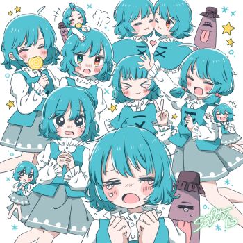 1girl absurdres blue_eyes blue_hair blue_skirt blue_vest candy food frilled_sleeves frills heart heterochromia highres holding holding_candy holding_food holding_lollipop juliet_sleeves karakasa_obake lollipop long_sleeves puffy_sleeves purple_umbrella red_eyes salt_(saltty) shirt skirt smile star_(symbol) tatara_kogasa tears touhou umbrella vest white_shirt