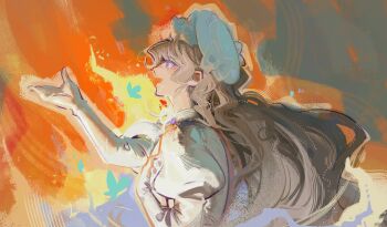 Rule 34 | 1girl, aqua butterfly, arm up, black hair, bow, commentary, dress, english commentary, fire, from side, gloves, hand on own chest, hands up, hat, hat bow, highres, isolde (reverse:1999), juliet sleeves, long hair, long sleeves, open mouth, profile, puffy sleeves, purple eyes, reverse:1999, solo, ufu fluffy, upper body, veil, white bow, white dress, white hat, white veil, yellow gloves