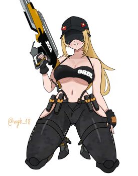 1girl black_gloves black_pants blindfold_mask blonde_hair breasts camouflage commentary covered_eyes english_commentary fingerless_gloves gloves hair_ornament highres holding large_breasts long_hair mask navel original pants ponytail smile solo thighs trigger_(zenless_zone_zero) wgh18 zenless_zone_zero