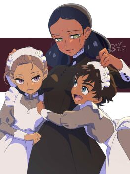 3girls apron arms_around_waist bindi black_dress black_hair blue_eyes brown_hair dark-skinned_female dark_skin double_bun dress facial_mark fang forehead_mark green_eyes gundam gundam_gquuuuuux hair_bun highres hug kanchana kouda_mana lalah_sune light_smile long_sleeves looking_at_another maid maid_apron maid_headdress medium_hair multiple_girls open_mouth purple_eyes short_hair simple_background sleeve_cuffs thick_eyebrows two-tone_background vani_(gundam) white_apron