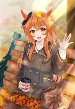 1girl alternate_costume animal_ears autumn_leaves bag bench black_coat black_pantyhose blush bow brown_bag coat cup disposable_cup ear_bow hair_between_eyes halcioneis highres holding holding_cup horse_ears horse_girl horse_tail leaf leaf_on_head long_hair long_sleeves looking_at_viewer mayano_top_gun_(umamusume) on_bench open_mouth orange_eyes orange_hair orange_skirt orange_tail pantyhose red_nails sitting skirt smile solo sweater tail two_side_up umamusume waving white_sweater