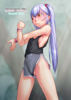 1girl ^jj^ bare_shoulders blush breasts commentary_request commission dolphin_shorts embarrassed highres hoshino_ruri kidou_senkan_nadesico long_hair no_panties pixiv_commission purple_hair pussy pussy_peek shorts sideboob small_breasts solo stretching sweat tank_top twintails yellow_eyes