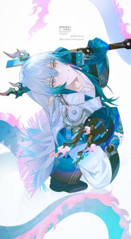 Rule 34 | 1boy, absurdres, arknights, black pants, blue hair, blue hands, coat, colored extremities, commentary, dragon boy, dragon horns, dragon tail, fire, full body, gradient hair, highres, holding, holding sword, holding weapon, horns, long hair, looking up, male focus, multicolored hair, pants, pink eyes, pink hair, pointy ears, smile, solo, sword, tail, toru8w8, twitter username, untranslatable commentary, watermark, weapon, white coat, yi (arknights)