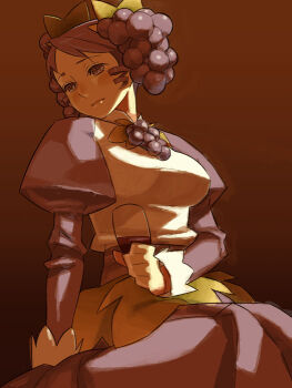 Rule 34 | 1girl, alcohol, apron, archived source, blush, breasts, brown background, collared apron, cup, drill hair, drill sidelocks, drinking glass, drunk, food-themed clothes, food-themed hair ornament, grape (red) (rainbow herb farm), grape hair ornament, grape ornament, hair ornament, high collar, holding, holding cup, impasto, itsumo nokoru, juliet sleeves, large breasts, leaf clothing, light frown, lips, long sleeves, lowered eyelids, parted bangs, personification, profile, puffy sleeves, purple eyes, purple hair, purple sash, purple sleeves, rainbow herb farm, sash, sidelocks, simple background, sleeve cuffs, solo, twintails, white apron, wine, wine glass, yellow leaves