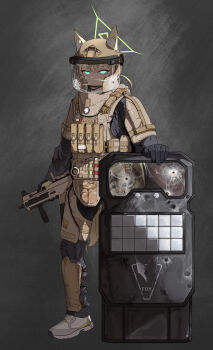 1girl absurdres animal_ears black_gloves blonde_hair blue_archive boots bullet_hole bulletproof_vest commentary_request fox_ears fox_girl fox_platoon_(blue_archive) fox_tail furrowed_brow gloves glowing glowing_eyes green_eyes gun h&amp;k_ump halo handle helmet highres injection kurumi_(blue_archive) looking_at_viewer military military_combat_uniform military_uniform original red_dot_sight solo solo_focus submachine_gun tactical_clothes tactical_gloves tail user_rjmz7585 variant_set weapon white_boots yellow_halo yellow_tail