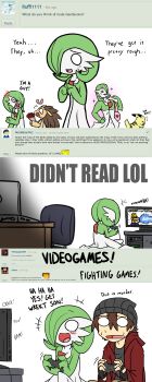 absurdres airalin_(mark_folks) artist_self-insert choker comic dragon_ball dragonball_z english_text gardevoir gen_1_pokemon gen_3_pokemon highres jacket long_image nintendo o_o open_clothes open_jacket open_mouth pikachu playing_games pokemon pokemon_(creature) rakkuguy red_eyes sandslash simple_background son_goku tall_image white_background