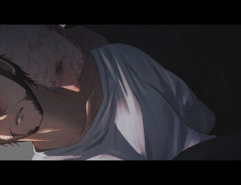 2boys bald beard biting black_shirt blush brown_hair collarbone commentary_request deadpool deadpool_&amp;_wolverine deadpool_(series) doghooouse facial_hair highres male_focus marvel marvel multiple_boys muscular muscular_male neck_biting parted_lips pectorals scar scars_all_over shirt short_hair sweatdrop teeth too_many wolverine_(x-men) x-men yaoi