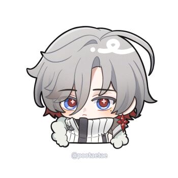 1boy ahoge blue_eyes chibi earrings flower-shaped_pupils genshin_impact grey_hair hair_between_eyes illuga_(genshin_impact) jewelry looking_at_viewer male_focus mole mole_under_eye pootaetae red_eyes shirt simple_background single_earring solo symbol-shaped_pupils turtleneck twitter_username upper_body white_background white_shirt