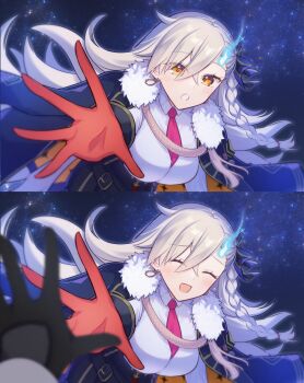 1boy 1girl :o black_gloves black_ribbon blush braid breasts closed_eyes commentary_request crossed_bangs earrings fate/grand_order fate_(series) fujimaru_ritsuka_(male) fur_trim gloves grey_hair hair_between_eyes hair_ribbon jacket jacket_on_shoulders jewelry large_breasts long_sleeves looking_at_viewer necktie ohitashi_netsurou olga_marie_animusphere olga_marie_animusphere_(unbeast) open_mouth orange_gloves reaching reaching_towards_another reaching_towards_viewer red_necktie ribbon smile