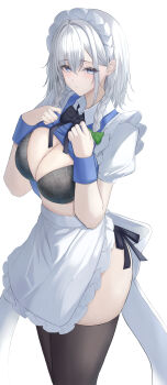 Rule 34 | 1girl, 7saki, absurdres, apron, black bra, black thighhighs, blue shirt, bow, bra, braid, braided sidelocks, breasts, clothes lift, commentary, frilled apron, frilled hairband, frills, green bow, grey eyes, hair bow, hairband, highres, izayoi sakuya, large breasts, maid, maid apron, maid headdress, no pants, puffy short sleeves, puffy sleeves, shirt, short sleeves, simple background, skirt, skirt lift, solo, thighhighs, touhou, underwear, white apron, white background, white hair, white hairband