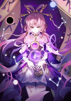 1girl absurdres bare_shoulders constellation cowboy_shot detached_sleeves dress feixianji_(hairstyle) floating floating_hair floating_object forehead_jewel fu_xuan_(honkai:_star_rail) hair_ornament hair_rings hair_stick hashtag-only_commentary highres honkai:_star_rail honkai_(series) long_hair looking_at_object looking_down low_twintails orb pantyhose parted_lips pink_hair solo szlljxk twintails very_long_hair white_pantyhose yellow_eyes