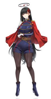 1girl anti-demon_corps_uniform arm_under_breasts belt black_hair blue_archive blue_boots blue_jacket blue_shorts boots breasts brown_belt cape commentary corrupted_twitter_file cosplay full_body gloves hair_intakes hair_ornament half-closed_eyes halo hand_up high-waist_shorts high_collar highres jacket long_hair looking_at_viewer mato_seihei_no_slave pantyhose panvyru red_cape rio_(blue_archive) shorts simple_background smile solo standing very_long_hair white_background white_gloves yamashiro_ren yamashiro_ren_(cosplay)