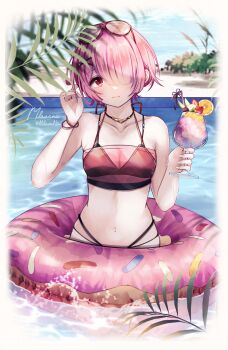 1girl bare_arms bare_shoulders beach bikini black_bikini blunt_bangs bracelet breasts cleavage closed_mouth collarbone cup day drinking_straw eyewear_on_head food fruit hair_over_one_eye halterneck head_tilt highres holding holding_cup innertube jewelry lemon lemon_slice looking_at_viewer milavana navel necklace outdoors pink_hair pool ram_(re:zero) re:zero_kara_hajimeru_isekai_seikatsu red-framed_eyewear red_eyes see-through_clothes short_hair signature small_breasts solo strawberry strawberry_slice summer swim_ring swimsuit tropical_drink wading