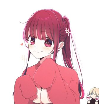 1boy 1girl alternate_hairstyle arima_kana blush breasts closed_mouth clothing_cutout hair_between_eyes highres hoshino_aquamarine long_hair long_sleeves looking_at_viewer oshi_no_ko ponytail red_eyes red_hair red_sweater risdelusions smile sweater white_background