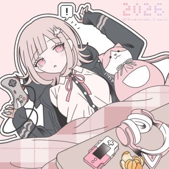 1girl breasts brown_hair collared_shirt danganronpa_(series) danganronpa_2:_goodbye_despair flipped_hair hair_ornament hood jacket komanami_kawaii long_sleeves looking_at_viewer medium_hair nanami_chiaki neck_ribbon open_clothes open_jacket pink_eyes pink_ribbon ribbon shirt white_shirt