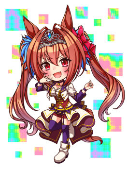 1girl animal_ears blush bodice boots bow breasts brown_hair chibi chibi_only choker cleavage collarbone commentary_request corset cropped_jacket daiwa_scarlet_(umamusume) fang full_body garter_straps hair_between_eyes hair_intakes highres horse_ears horse_girl horse_tail jacket large_breasts long_hair long_sleeves looking_at_viewer midriff_peek navel open_mouth overskirt pendant_choker purple_choker purple_garter_straps purple_thighhighs red_corset red_eyes red_shorts shirt shorts smile solo star_(symbol) starting_future_(umamusume) sugimotty_nova tail thighhighs tiara twintails umamusume umapyoi_densetsu very_long_hair white_boots white_jacket white_shirt wristband