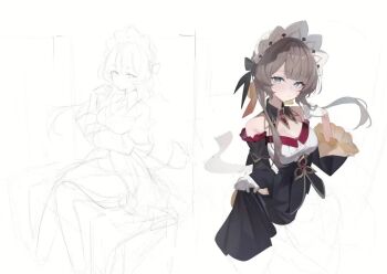 1girl :/ animated bare_shoulders black_bow black_collar black_dress black_sleeves blue_eyes blush bow breasts brown_hair cleavage closed_mouth clothes_lift collar detached_collar detached_sleeves dress dress_lift genshin_impact gloves hair_bow headdress lifting_own_clothes long_hair looking_at_viewer lumo_1121 making-of monochrome multiple_views sandrone_(genshin_impact) simple_background sitting sketch small_breasts video white_background white_gloves white_headdress