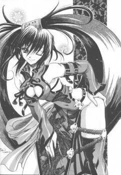 1girl arc_system_works breasts can cleavage cleavage_cutout clothing_cutout female_focus greyscale guilty_gear kuradoberi_jam large_breasts long_hair monochrome non-web_source one_eye_closed scan solo uguisu_kagura wink