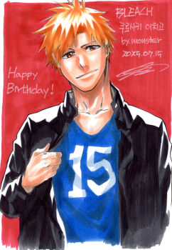 Rule 34 | 1boy, absurdres, black jacket, bleach, commentary, dated, happy birthday, highres, jacket, korean text, kurosaki ichigo, male focus, marker (medium), monster art (rlawnsgr7), orange eyes, orange hair, signature, smile, solo, traditional media, translated, upper body