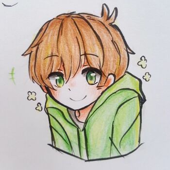 Rule 34 | +++, 1boy, animification, blush, brown hair, colored pencil (medium), commentary, cropped shoulders, edd (eddsworld), eddsworld, english commentary, green eyes, green hoodie, highres, hood, hood down, hoodie, looking at viewer, male focus, short hair, simple background, smile, solo, traditional media, white background, yulazee