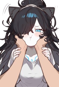 1girl 1other absurdres animal_ear_fluff animal_ears black_hair blue_eyes blush breasts cat_ears cat_girl dark_kasli_(nyanko_daisensou) ebora grey_shirt hair_over_one_eye hands_on_another's_cheeks hands_on_another's_face highres holding_another's_wrist kasli_(nyanko_daisensou) long_hair looking_at_viewer motion_lines nyanko_daisensou pale_skin ponytail pout pov pov_hands shirt short_sleeves small_breasts squeezing_cheeks