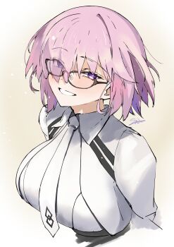 1girl absurdres black_skirt blush breasts chaldea_uniform collared_shirt cropped_jacket fate/grand_order fate_(series) glasses grin hair_over_one_eye high-waist_skirt highres jacket large_breasts long_sleeves looking_at_viewer mash_kyrielight mash_kyrielight_(chaldea_uniform) necktie pink_hair purple_eyes s4ika shirt short_hair skirt smile solo white_jacket white_shirt