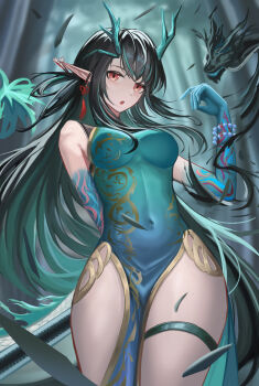 1girl absurdres arknights bead_bracelet beads black_hair bracelet china_dress chinese_clothes colored_skin dragon_girl dragon_horns dragon_tail dress dusk_(arknights) dusk_(everything_is_a_miracle)_(arknights) earrings eastern_dragon_tail green_hands green_horns green_skin hair_over_one_eye highres horns jewelry jiang_wu_(user_wewj7328) long_hair pointy_ears red_eyes solo tail tassel tassel_earrings
