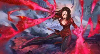 1girl animification avengers:_endgame avengers_(series) boots breasts brown_hair cleavage female_focus glowing glowing_eyes highres jacket knee_boots long_hair looking_at_viewer marvel marvel medium_breasts mhk_(mechamania) pants red_eyes red_jacket ruins scarlet_witch solo vision_(marvel) wanda_maximoff