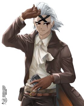 1boy absurdres arm_up ascot belt black_pants brown_belt brown_coat brown_gloves brown_jacket brown_pants closed_mouth coat collared_shirt cowboy_shot dr._stone explosive gloves grey_hair highres holding jacket long_sleeves male_focus mitsuru_(aica_hikari) open_clothes open_jacket pants pouch red_eyes shirt short_hair simple_background smile solo weapon white_background white_hair white_shirt xeno_(dr.stone)