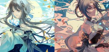 2girls 3244furika absurdres bare_shoulders blue_eyes blue_flower braid commentary dress floating_hair flower genshin_impact glaze_lily grey_hair guizhong_(genshin_impact) highres long_sleeves madame_ping_(genshin_impact) multiple_girls parted_lips short_hair_with_long_locks sleeves_past_fingers sleeves_past_wrists smile split_screen symbol-only_commentary white_dress wide_sleeves