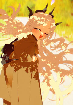 1girl ;d absurdres alternate_costume black_bag blue_archive blurry blurry_background blush bm_tol brown_coat casual coat commentary demon_horns floating_hair forehead highres hina_(blue_archive) horns long_hair long_sleeves looking_at_viewer looking_to_the_side multiple_horns one_eye_closed open_mouth outdoors smile solo very_long_hair