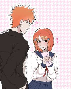 1boy 1ch16me 1girl 2025 ? bleach brown_eyes hair_ornament hairclip hands_in_pockets highres holding holding_letter inoue_orihime kurosaki_ichigo letter medium_hair orange_hair sailor_collar school_uniform short_hair skirt snowflake_hair_ornament