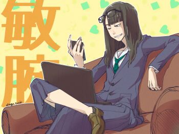artist_name asymmetrical_bangs atago_(pixiv1444747) commentary_request computer couch eizouken_ni_wa_te_wo_dasu_na! eyewear_on_head freckles glasses highres holding holding_phone kanamori_sayaka laptop long_hair necktie on_couch phone school_uniform shibahama_high_school_uniform solo