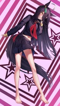 1girl absurdres ahoge animal_ears bare_legs barefoot black_hair black_tail commentary_request feet full_body hair_over_one_eye hand_up highres horse_ears horse_girl horse_tail leaning_to_the_side legs long_hair long_sleeves looking_at_viewer manhattan_cafe_(umamusume) midriff navel neckerchief one_eye_closed pink_background red_neckerchief reo-illust4696 sailor_collar sleeves_past_fingers sleeves_past_wrists solo standing stomach tail toenails toes umamusume very_long_hair white_sailor_collar yellow_eyes