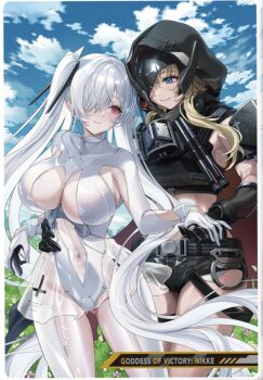 2girls arm_warmers armpit_cutout artist_request bare_shoulders black_cloak blonde_hair blue_eyes blush bodysuit breasts broken_mask check_commentary cinderella_(nikke) cleavage cloak closed_mouth clothing_cutout commentary commentary_request eyewear_hang gloves goddess_of_victory:_nikke grave_(nikke) hair_between_eyes hair_over_one_eye highres hood hood_up hooded_cloak large_breasts leg_cutout long_hair mask metal_gloves multiple_girls multiple_scars navel navel_cutout necklace_between_breasts one_eye_covered red_eyes scar scar_on_stomach see-through_bodysuit see-through_clothes see-through_skirt shiny_eyes sidelocks single_arm_warmer skirt smile stomach_cutout torn_cloak torn_clothes twintails unworn_eyewear very_long_hair white_bodysuit white_hair