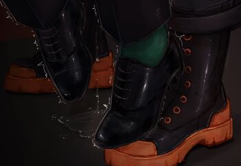 2boys adrian_(dr1xns) bakugou_katsuki black_shoes boku_no_hero_academia clothes_focus cum cum_on_floor feet foot_focus green_socks highres lifting_person male_focus midoriya_izuku multiple_boys shiny_clothes shoes socks trembling yaoi
