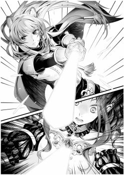 2girls animal_ears belt belt_buckle breasts buckle cape cleavage detached_sleeves dutch_angle floating_hair frown gloves greyscale hair_tubes holding holding_sword holding_weapon long_hair long_sleeves looking_at_viewer malty_s_melromarc medium_breasts minami_seira monochrome multiple_girls novel_illustration official_art raccoon_ears raccoon_girl raphtalia split_screen sword tate_no_yuusha_no_nariagari upper_body v-shaped_eyebrows very_long_hair weapon
